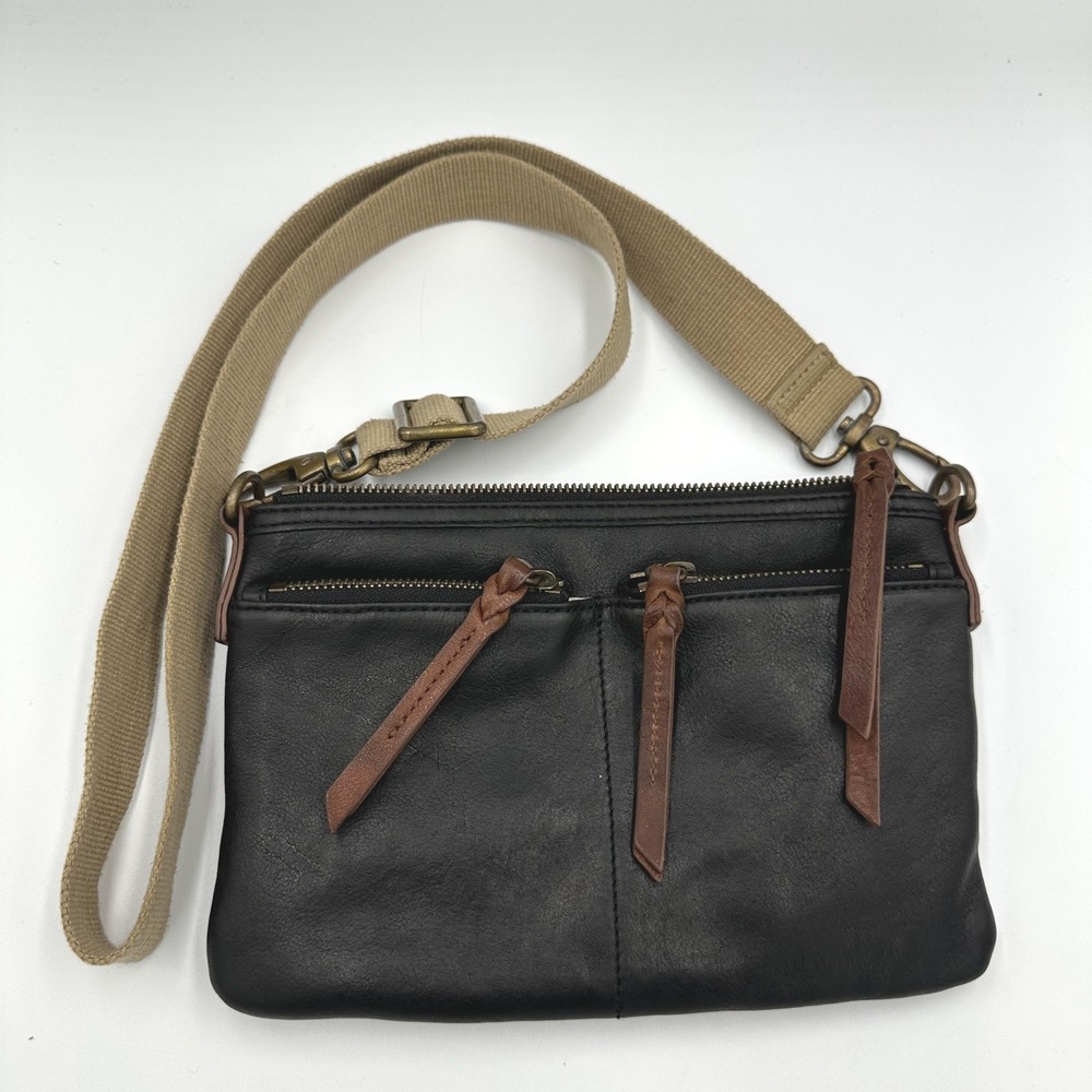 Margot Black Brown Leather Crossbody Bag Tan Canvas Strap Brass City Boho Casual
